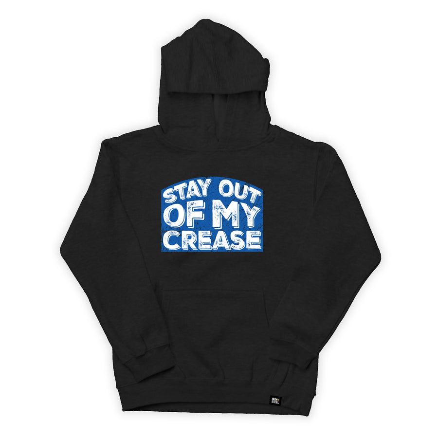 Stay Out Of My Crease Kids Fleece Hockey Hoodie in black, front