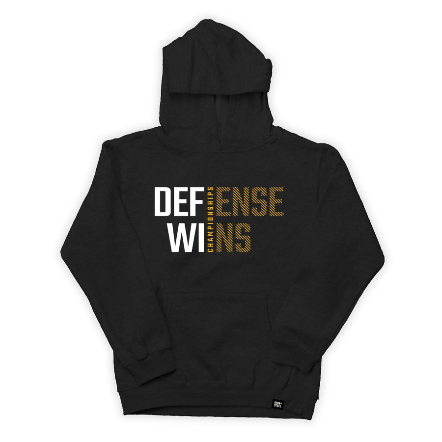 Defense Wins Championships Kids Fleece Hockey Hoodie in black, front
