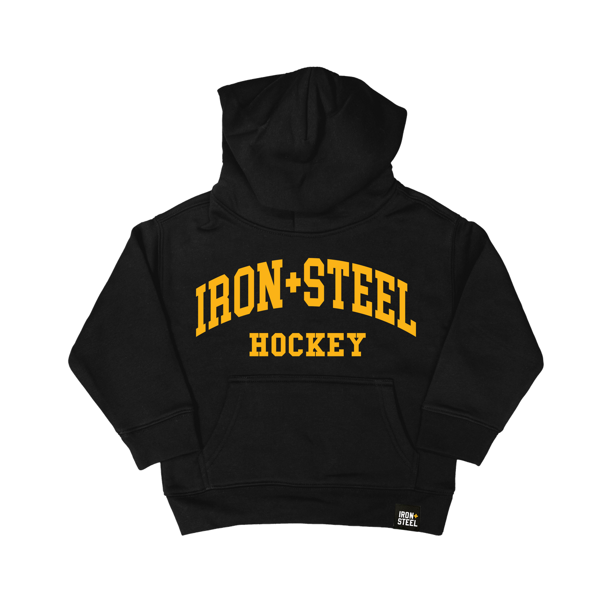 Iron+Steel Gold Arc Toddler Hockey Hoodie in black, front