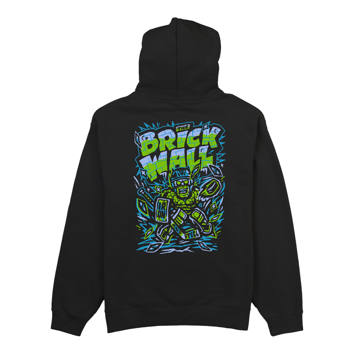 The Brick Wall Hockey Midweight Hoodie in black, back view with the full goalie graphic