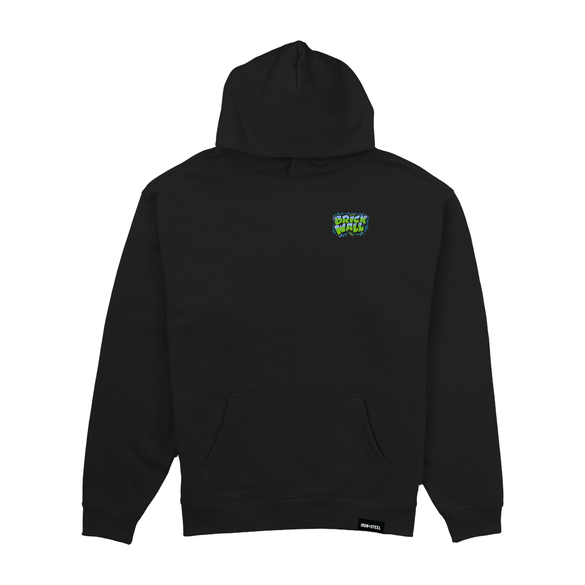 The Brick Wall Hockey Midweight Hoodie in black, front view with the left chest badge