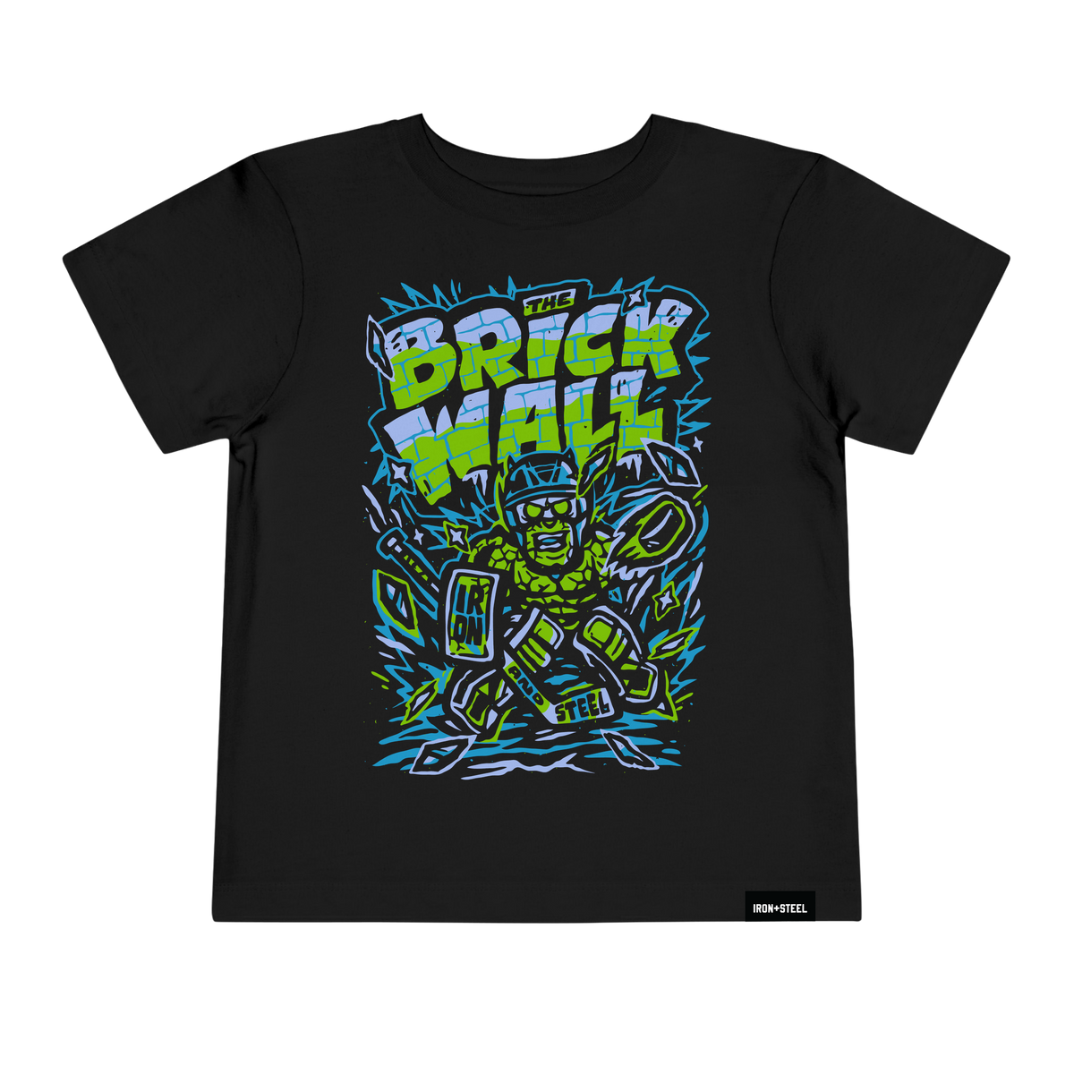 The Brick Wall Hockey Toddler Tee in black with the goalie graphic across the front