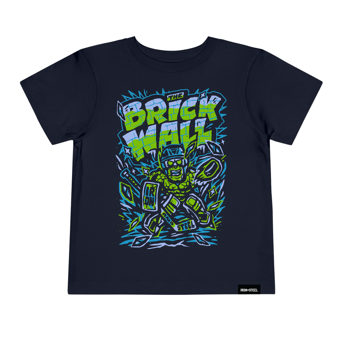 The Brick Wall Hockey Toddler Tee in navy with the goalie graphic across the front