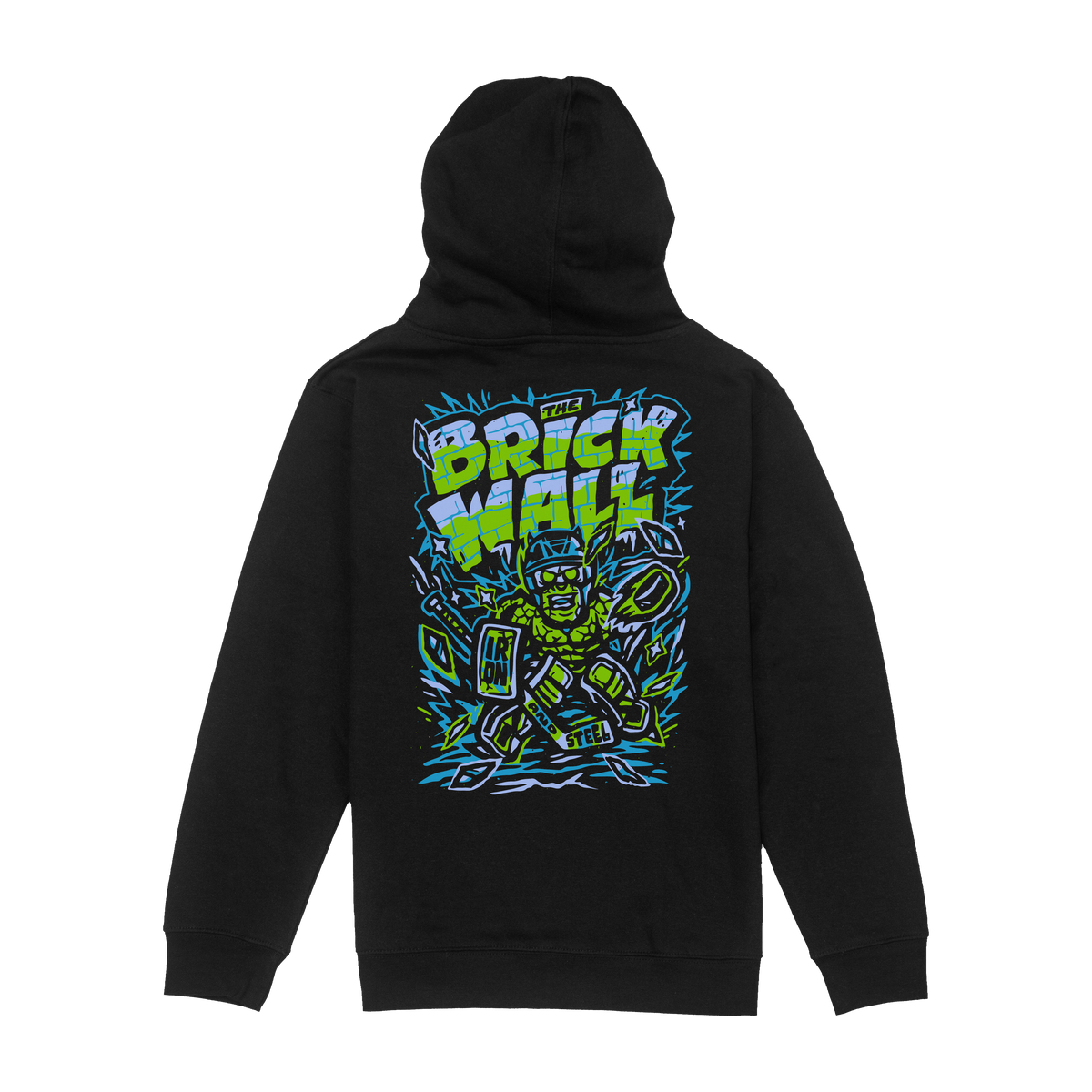 The Brick Wall Hockey Youth Hoodie in black, back view with the full goalie graphic