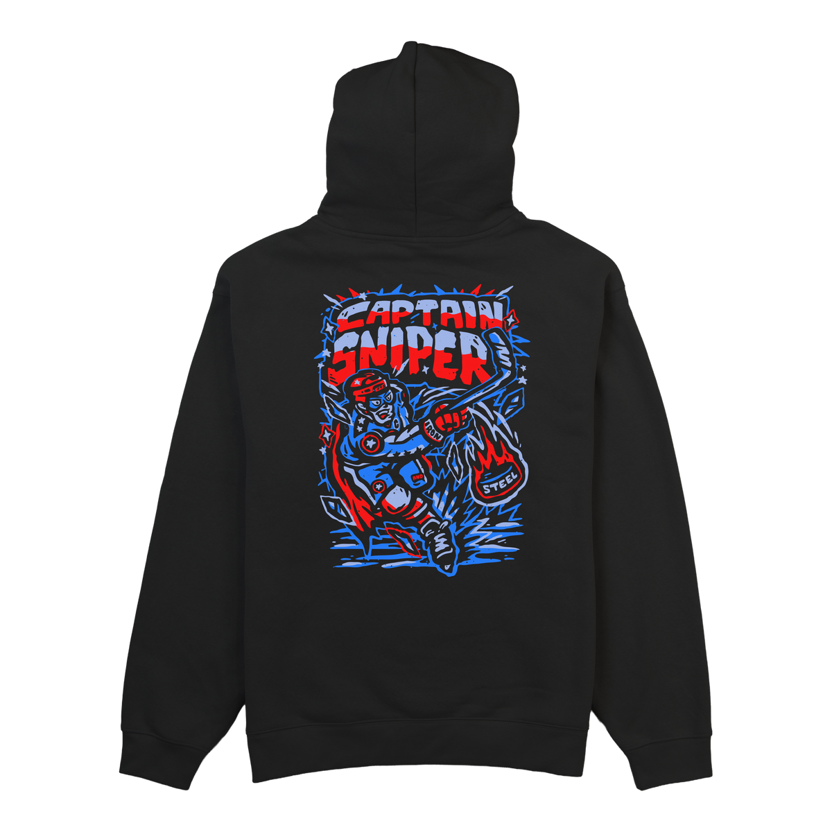 Captain Sniper Hockey Midweight Hoodie in black, back view with the full super hero graphic