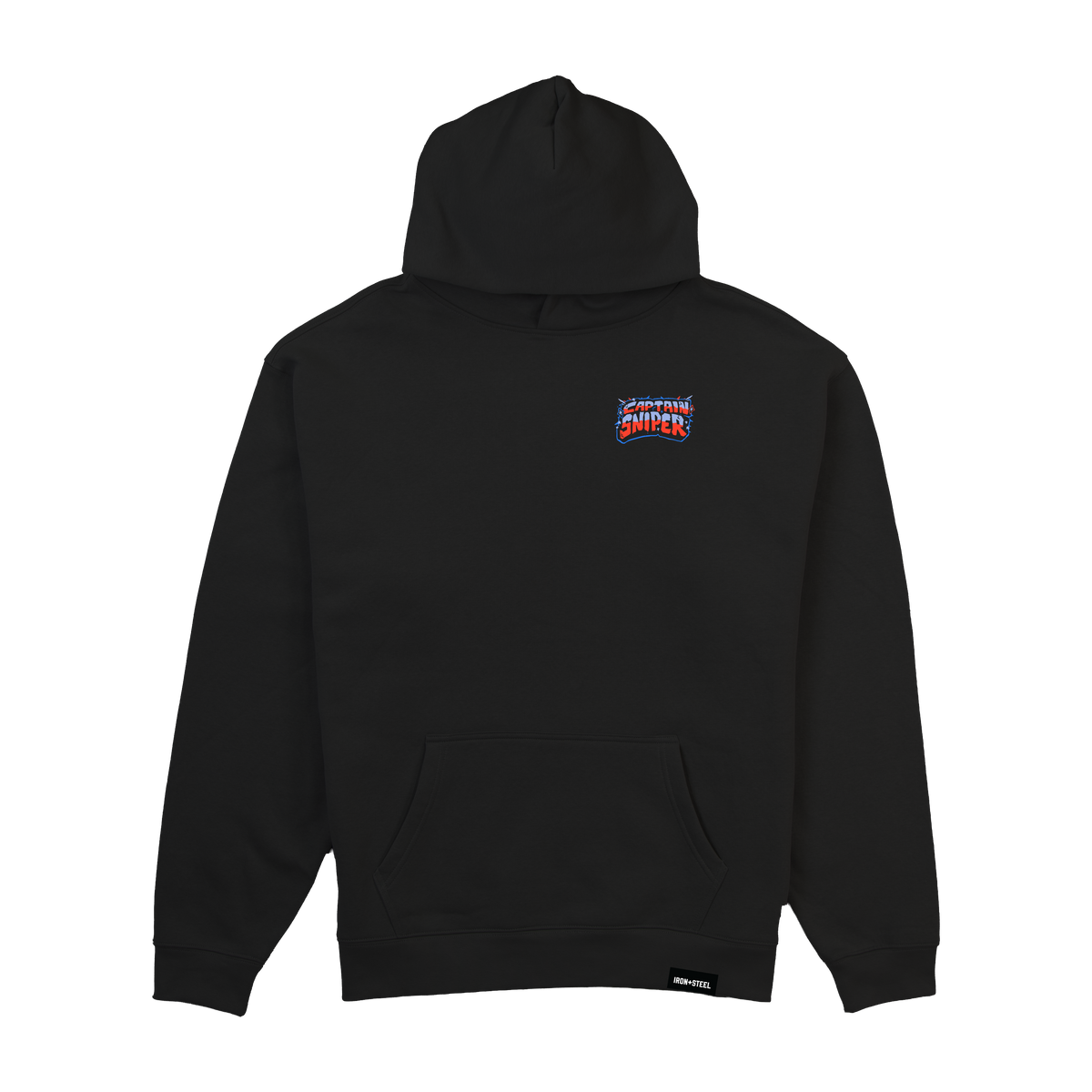 Captain Sniper Hockey Midweight Hoodie in black, front view with the left chest badge