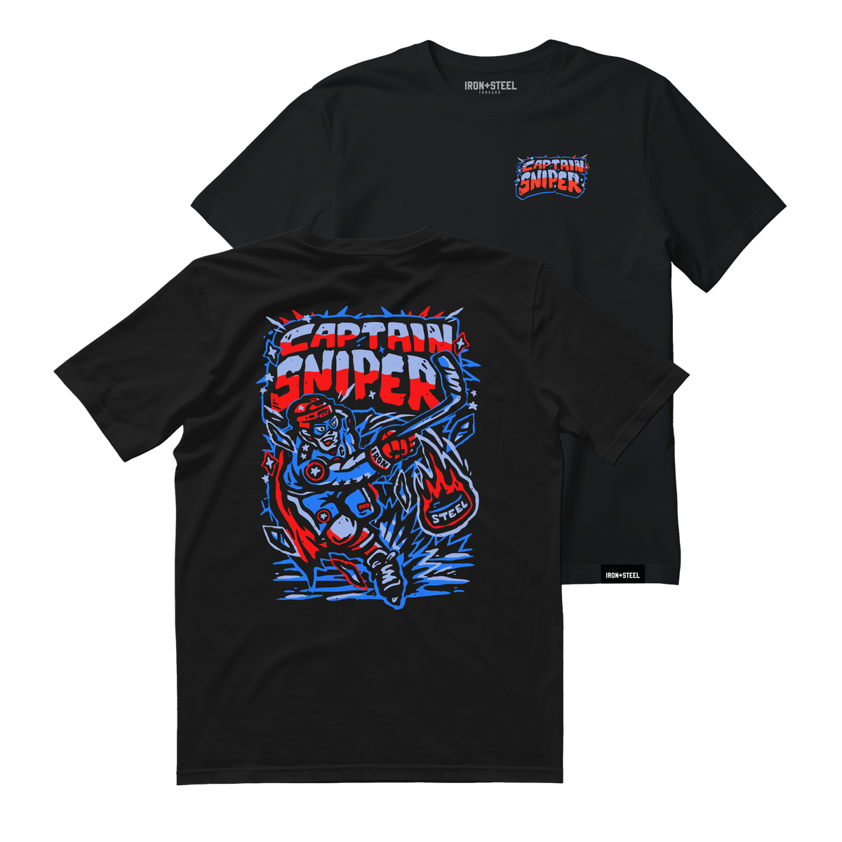 Captain Sniper Hockey Tee in black, chest badge on the front and full super hero graphic on the back