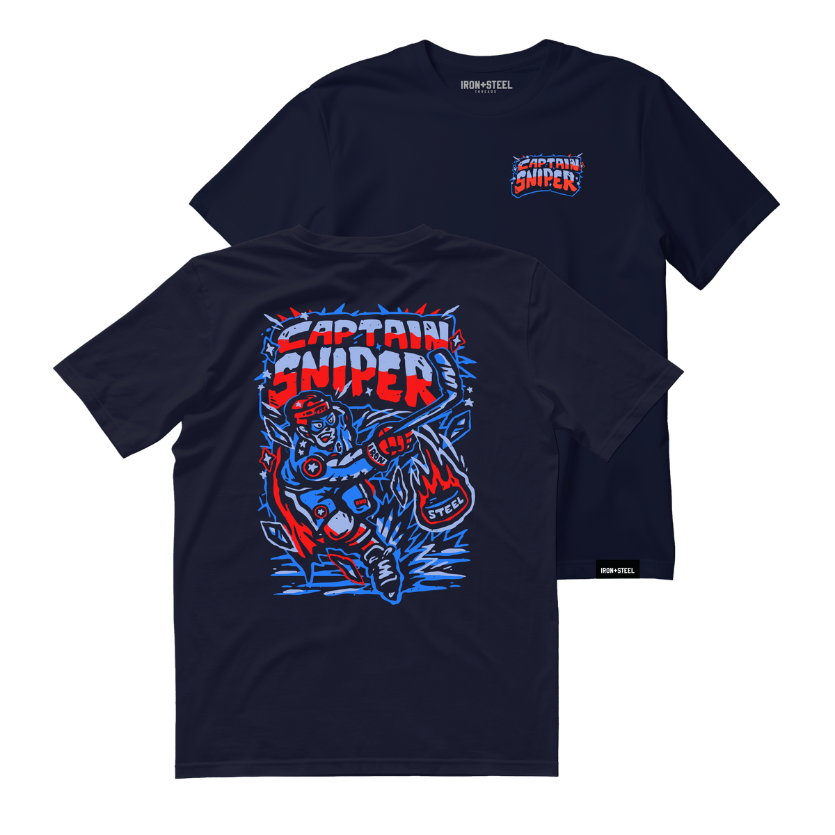 Captain Sniper Hockey Tee in navy, chest badge on the front and full super hero graphic on the back