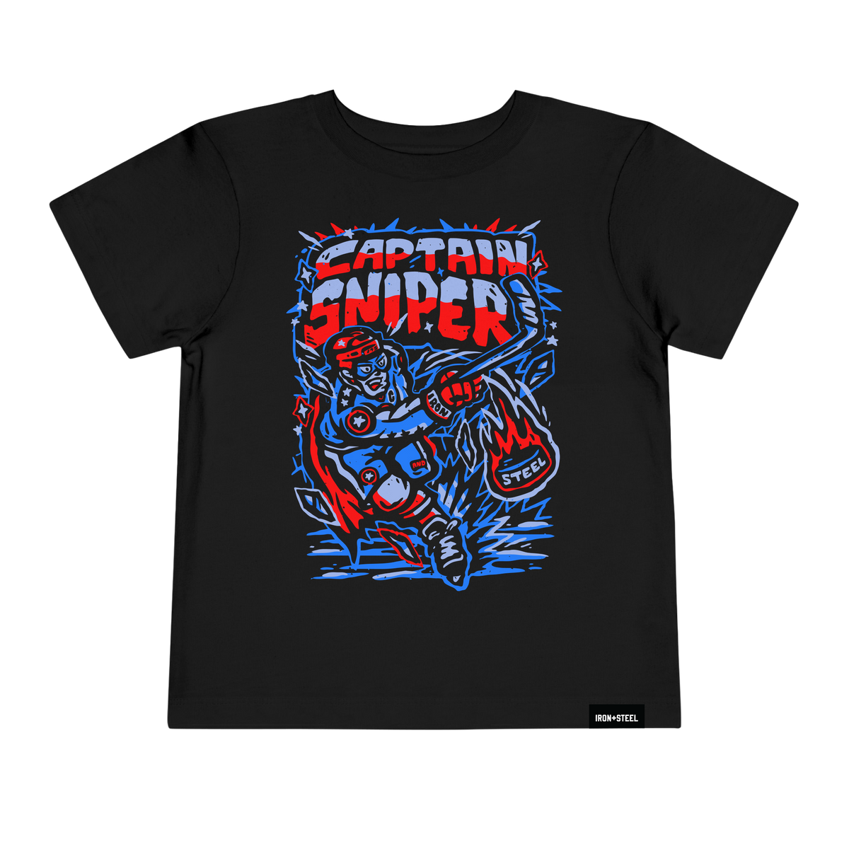 Captain Sniper Hockey Toddler Tee in black with the super hero graphic across the front
