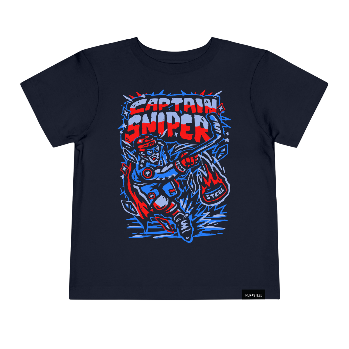 Captain Sniper Hockey Toddler Tee in navy with the super hero graphic across the front