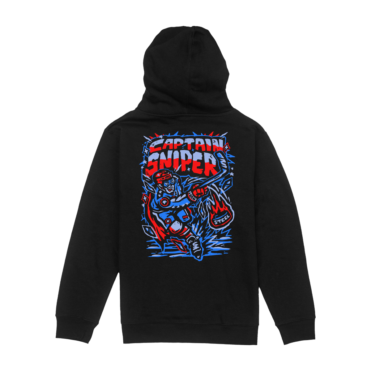 Captain Sniper Hockey Youth Hoodie in black, back view with the full super hero graphic
