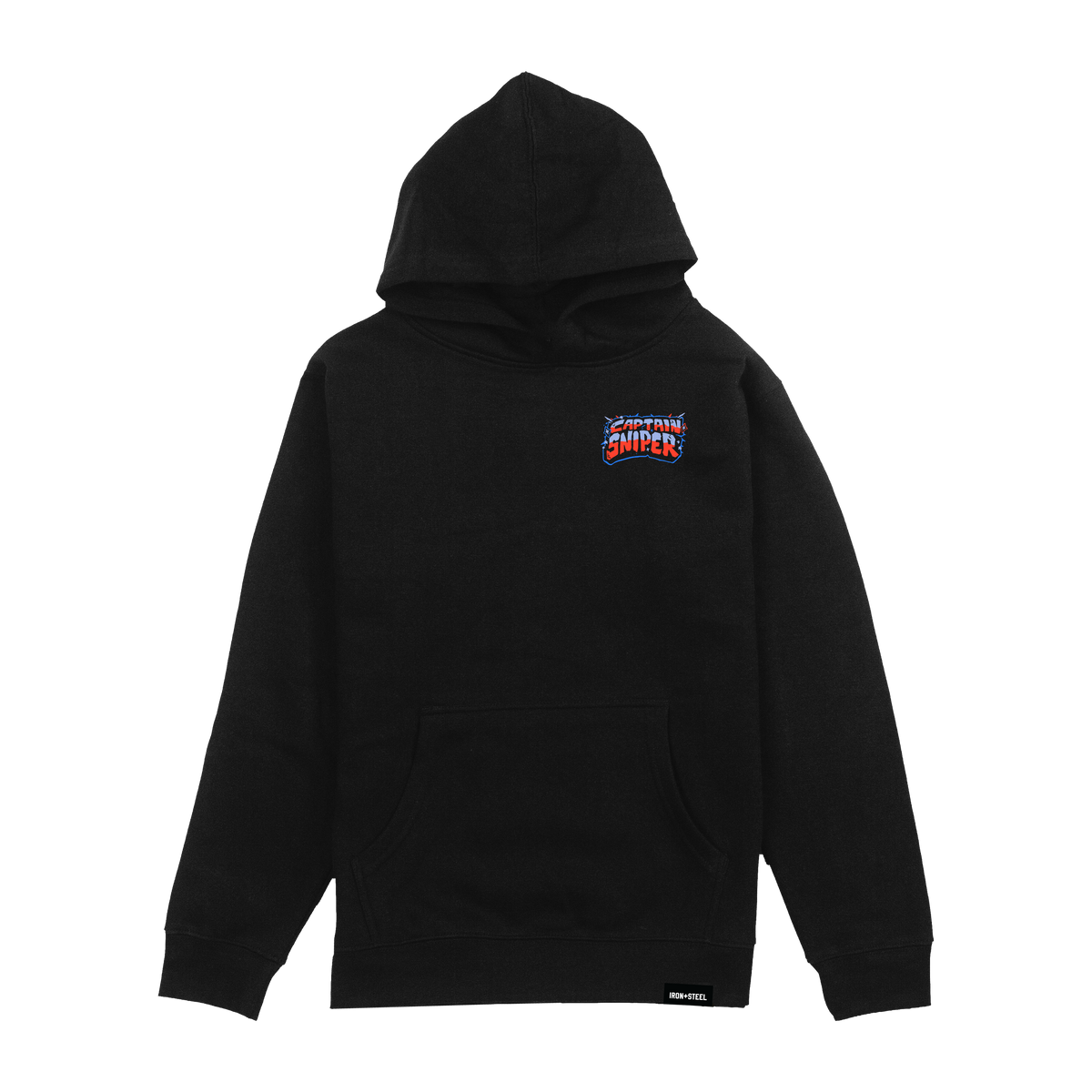 Captain Sniper Hockey Youth Hoodie in black, front view with the left chest badge