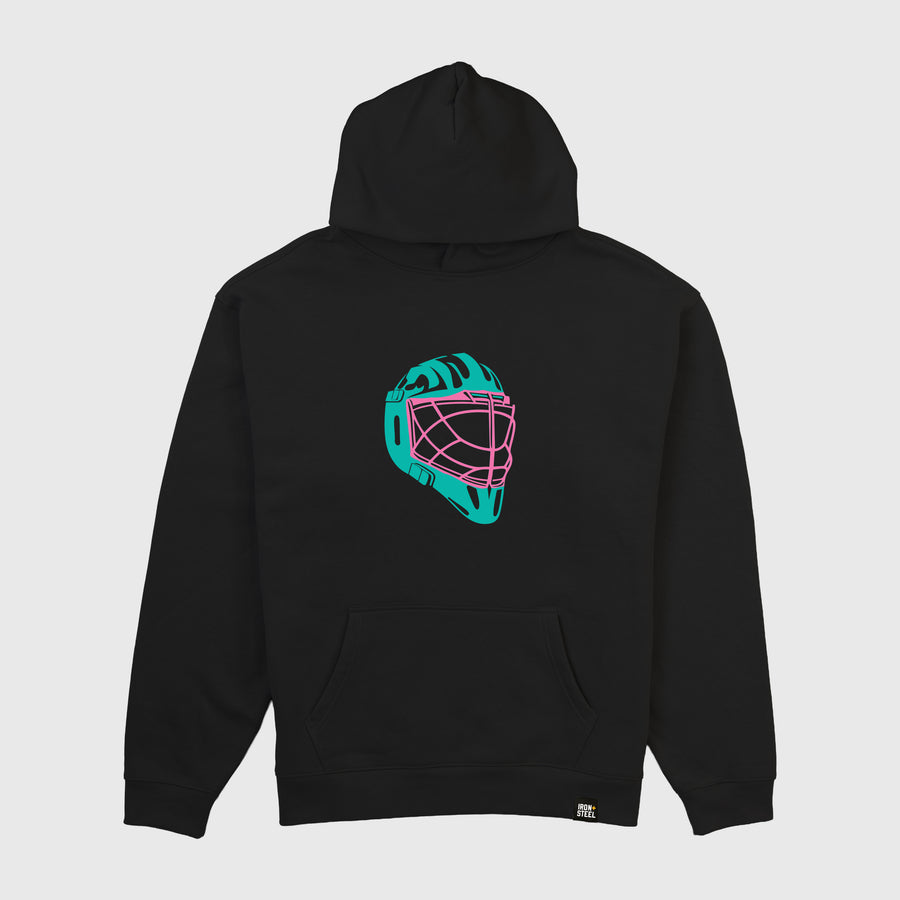 Color Goalie Helmet Hockey Midweight Hoodie in black, front
