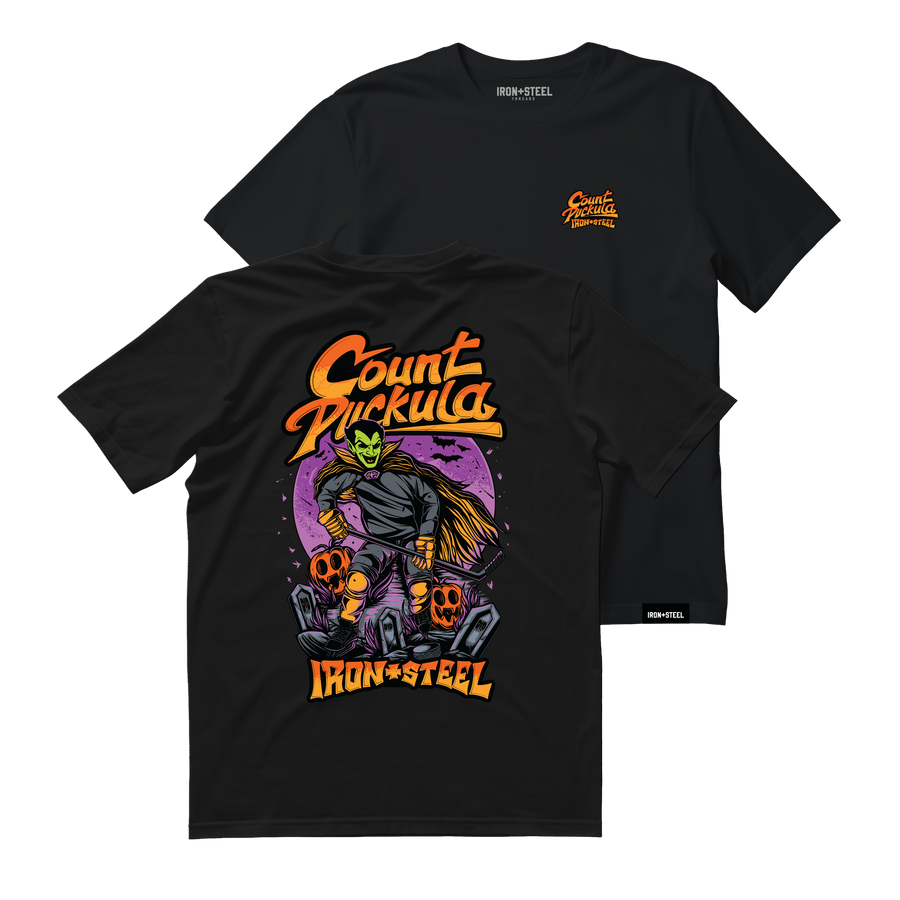 Count Puckula Hockey Tee in black, front chest patch and full back print