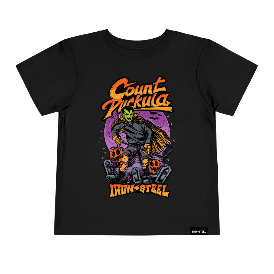 Count Puckula Hockey Toddler Tee in black with the full front print