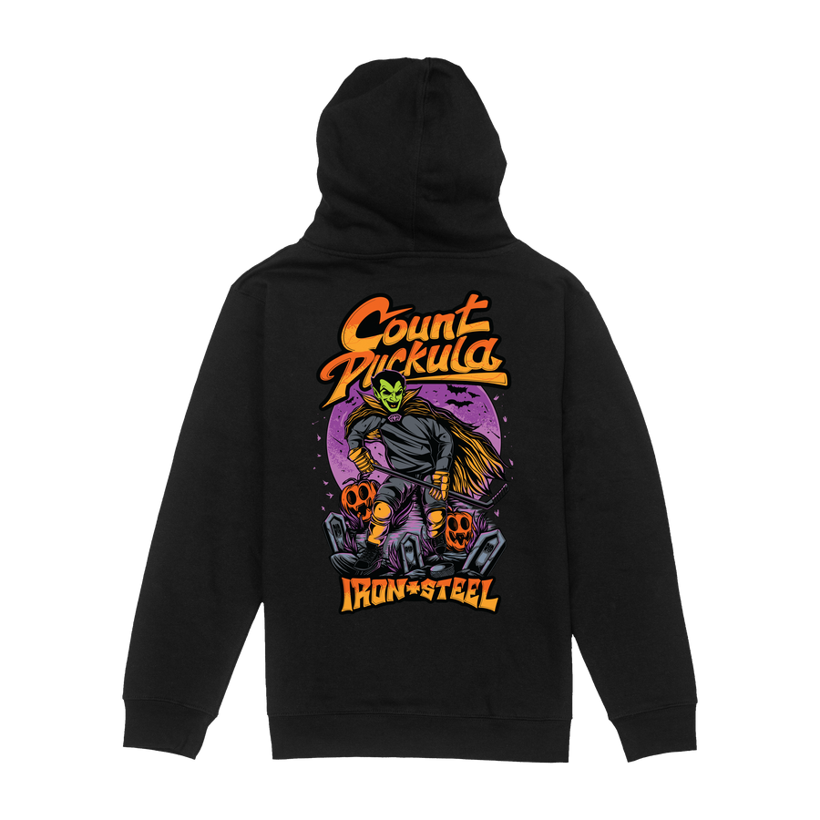 Count Puckula Hockey Youth Hoodie in black, back print