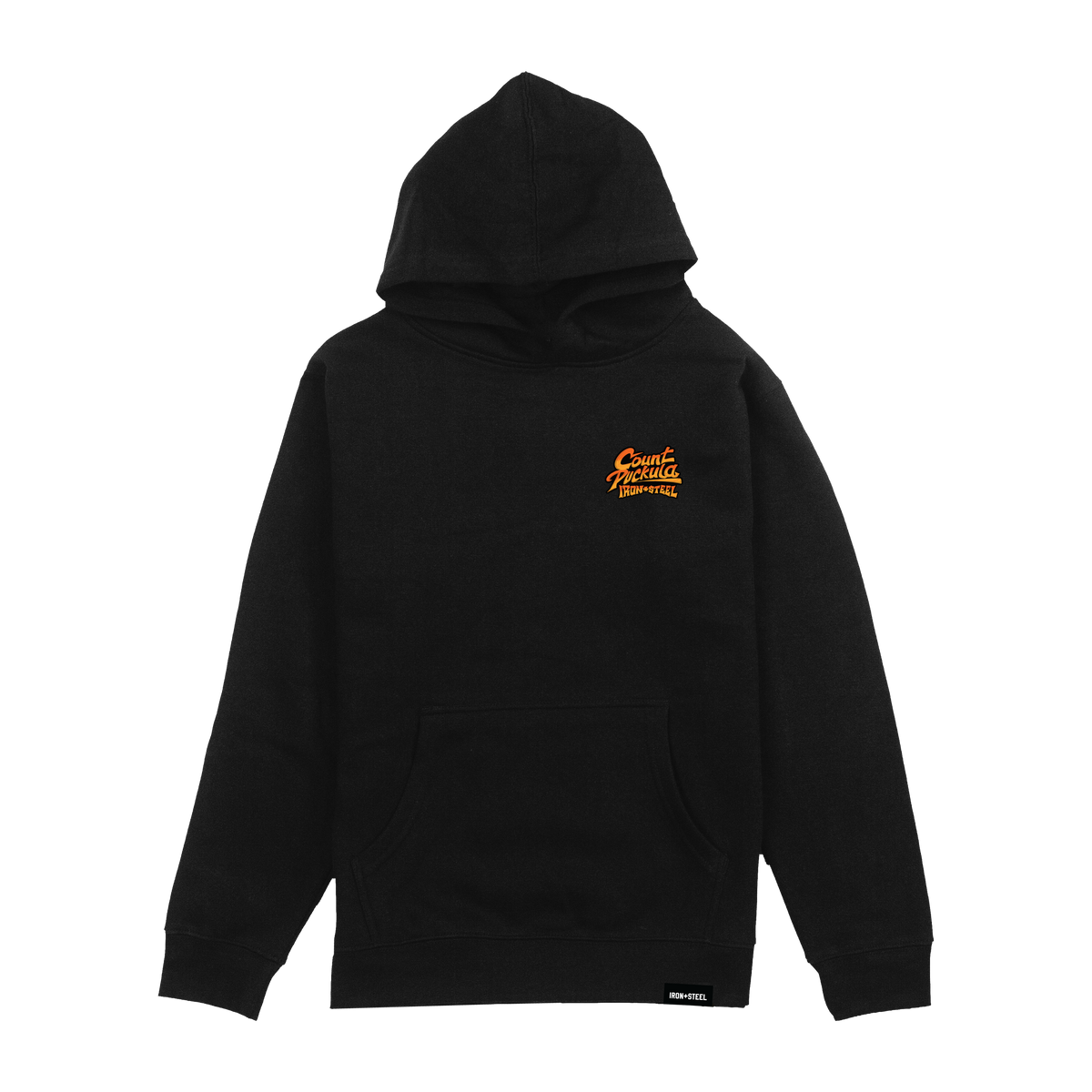 Count Puckula Hockey Youth Hoodie in black, front chest patch