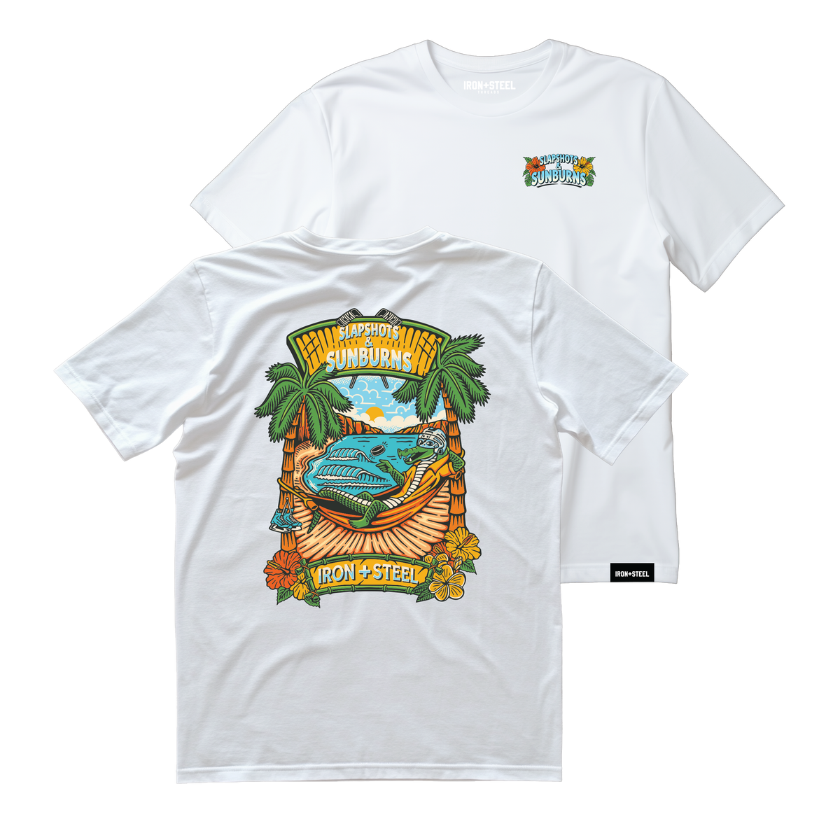 Slapshots and Sunburns Hockey Tee in white, front