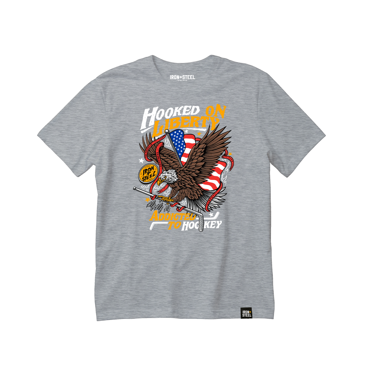 Hooked on Liberty Hockey Tee in grey, front
