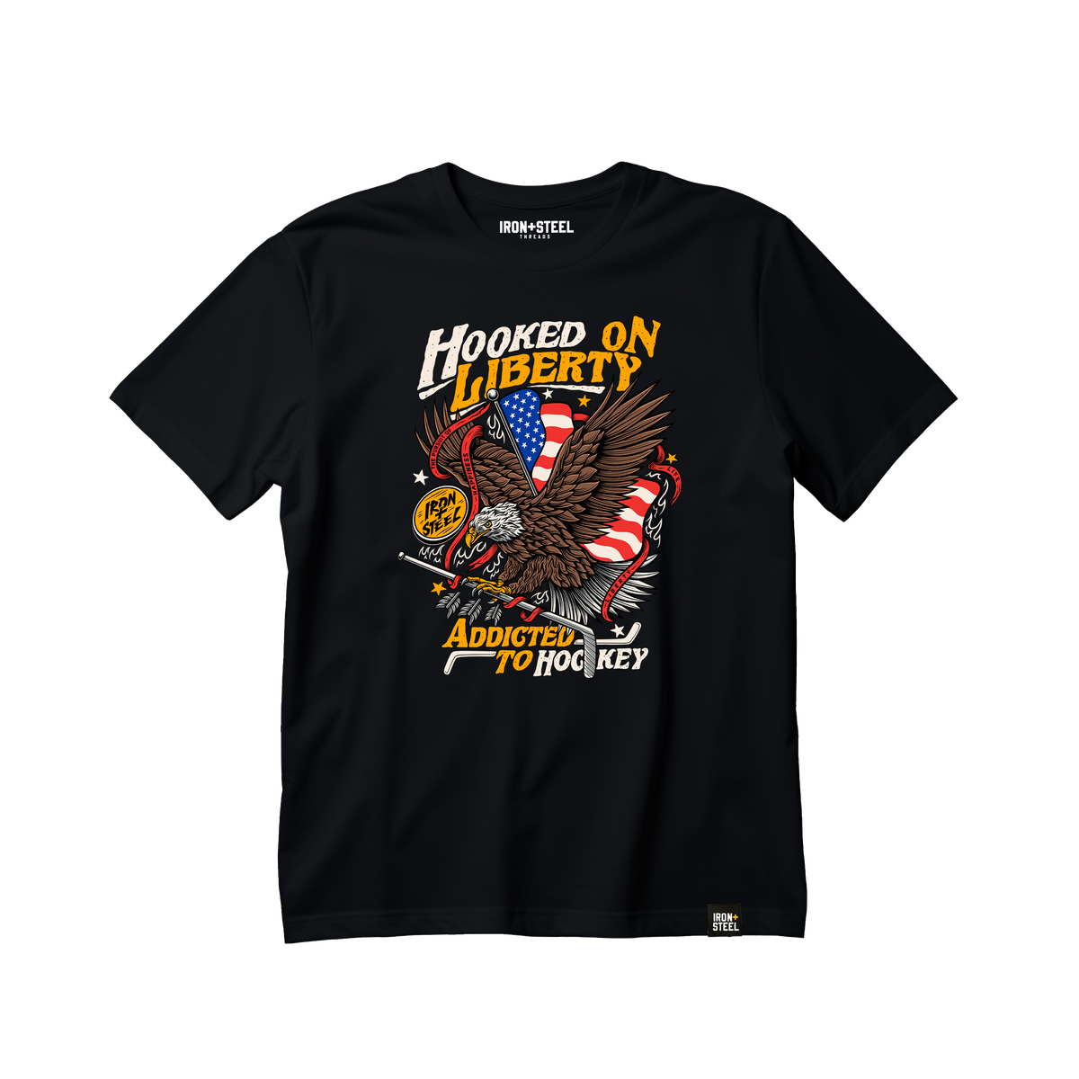 Hooked on Liberty Hockey Tee in black, front