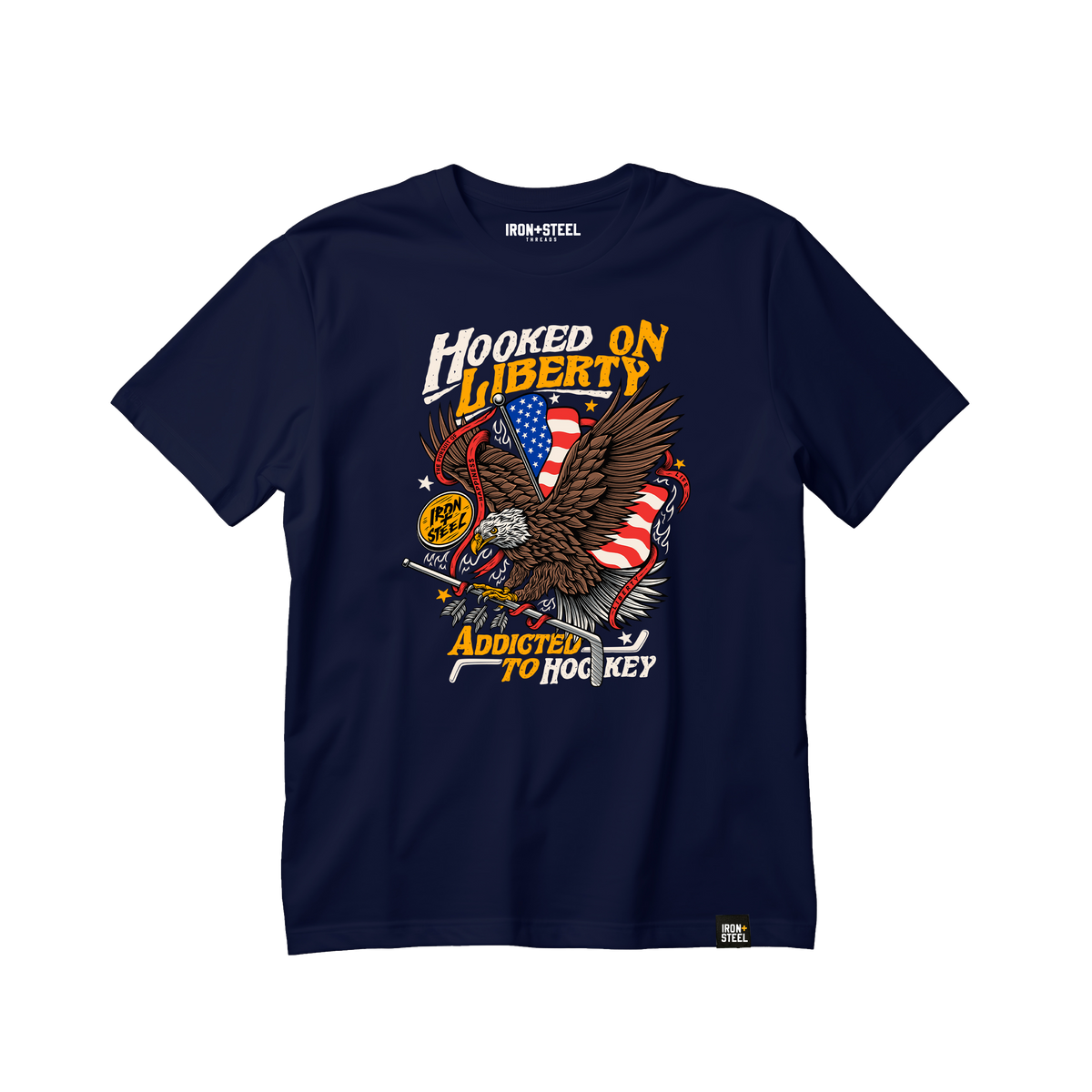 Hooked on Liberty Hockey Tee in navy, front