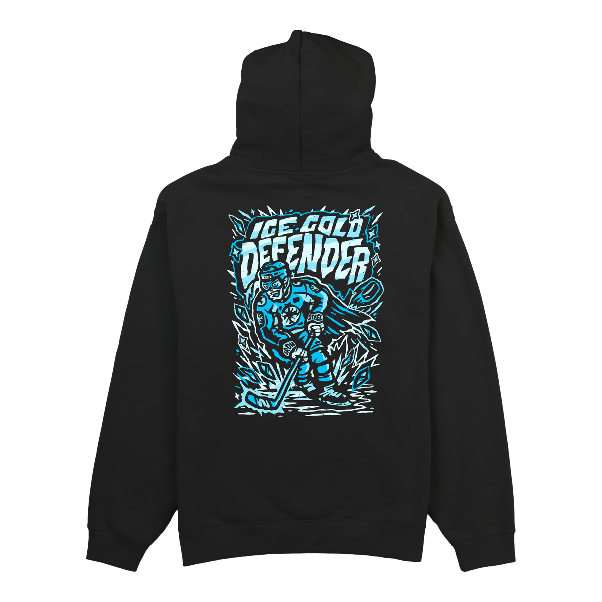 Ice Cold Defender Hockey Midweight Hoodie in black, back view with the full defenseman graphic