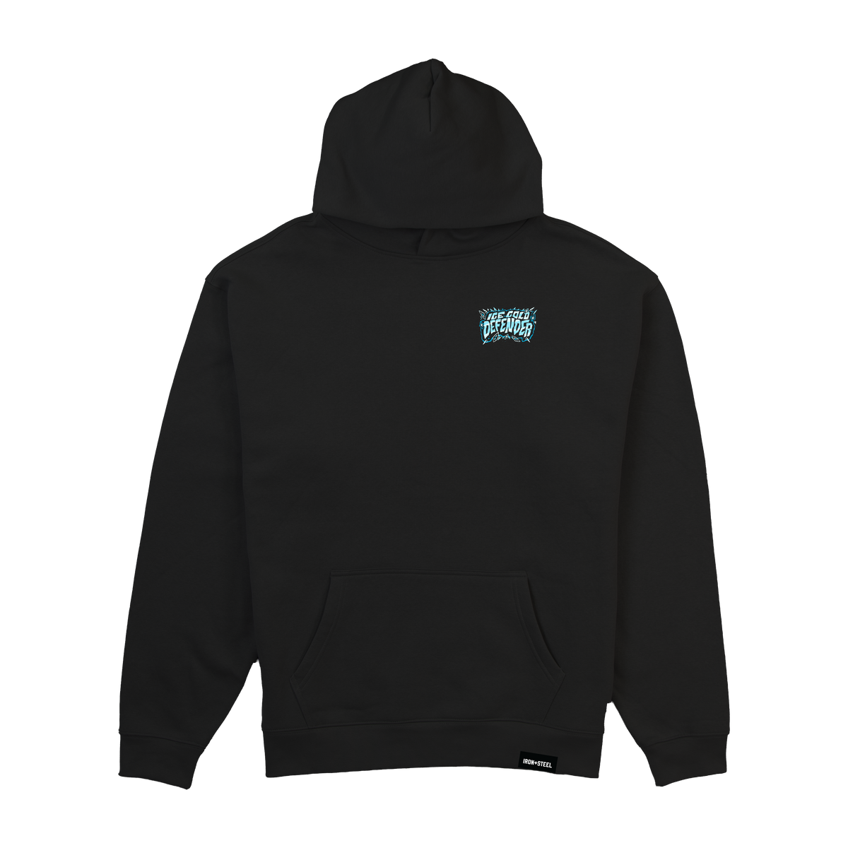 Ice Cold Defender Hockey Midweight Hoodie in black, front view with the left chest badge