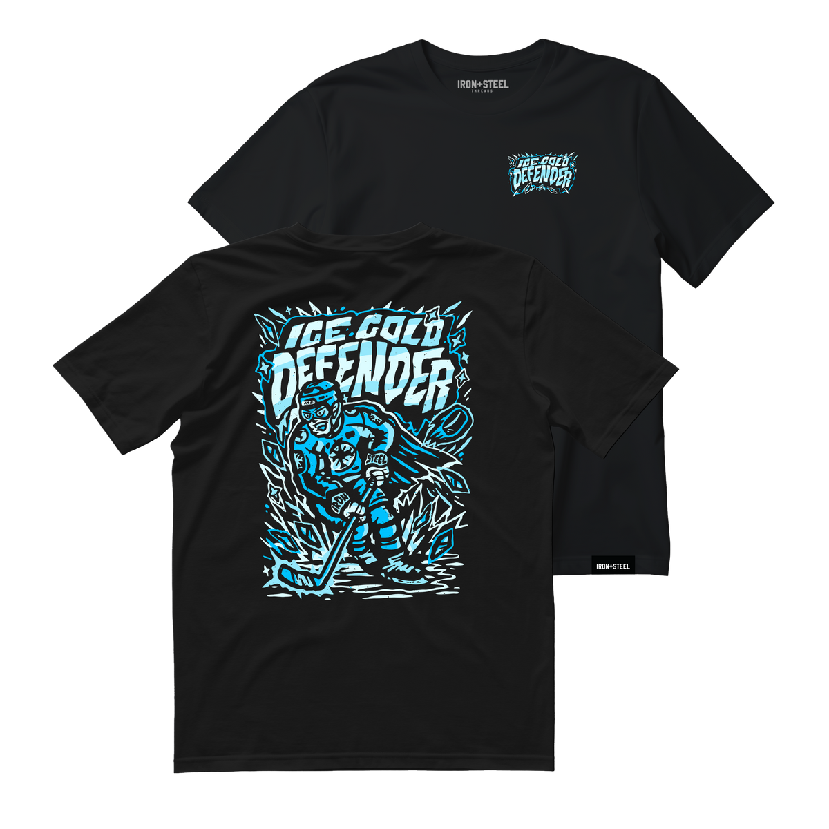 Ice Cold Defender Hockey Tee in black, chest badge on the front and full defenseman graphic on the back