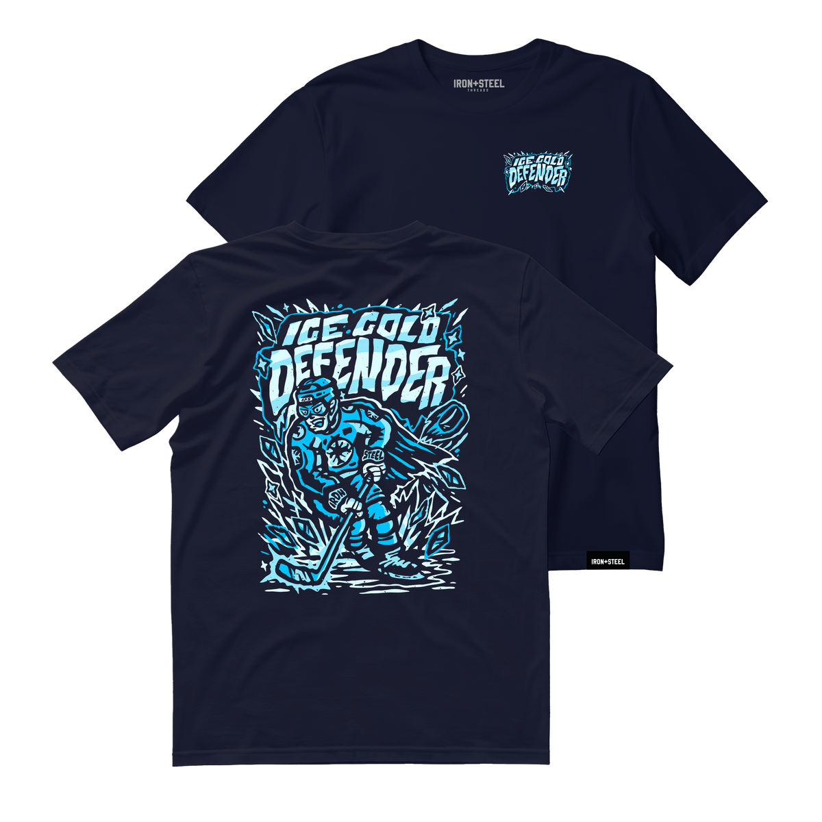 Ice Cold Defender Hockey Tee in navy, chest badge on the front and full defenseman graphic on the back
