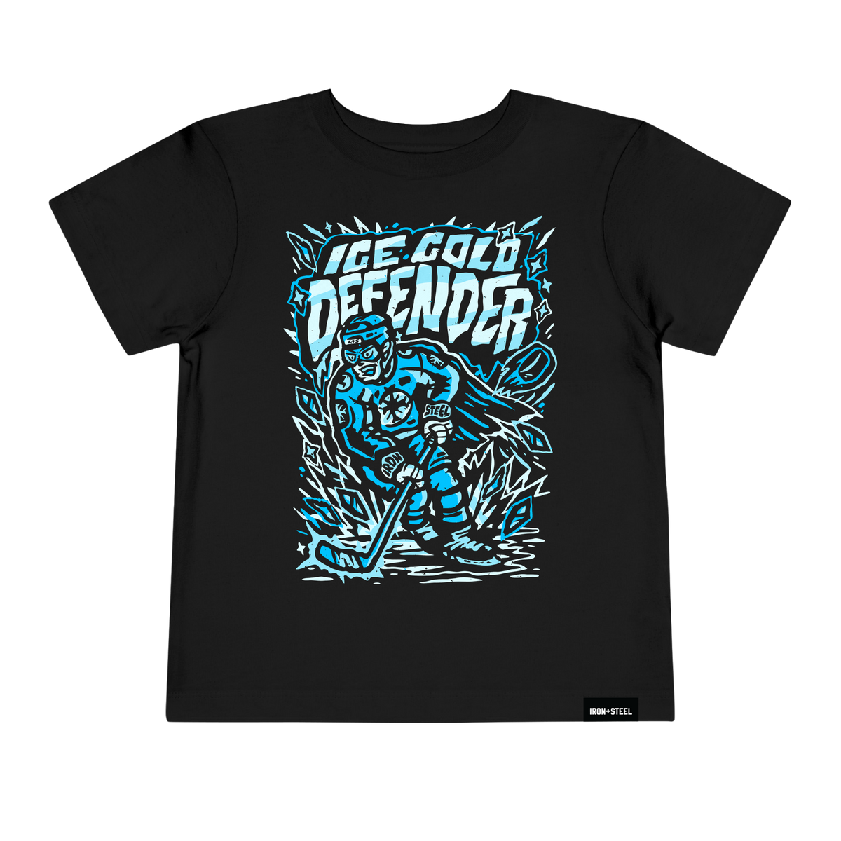 Ice Cold Defender Hockey Toddler Tee in black with the defenseman graphic across the front