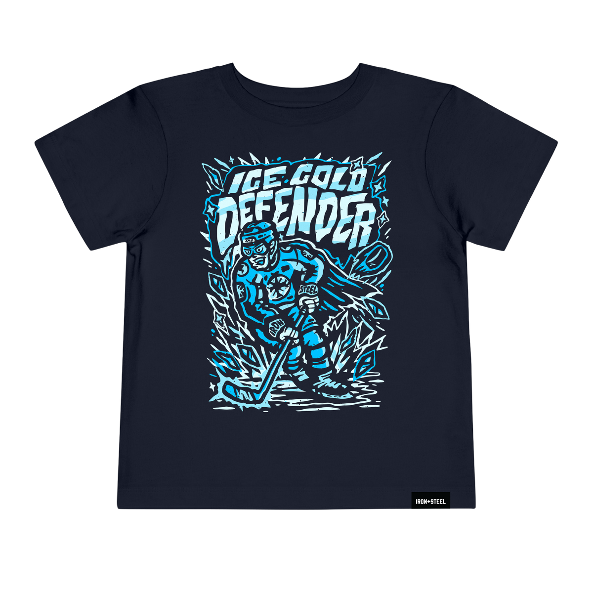 Ice Cold Defender Hockey Toddler Tee in navy with the defenseman graphic across the front