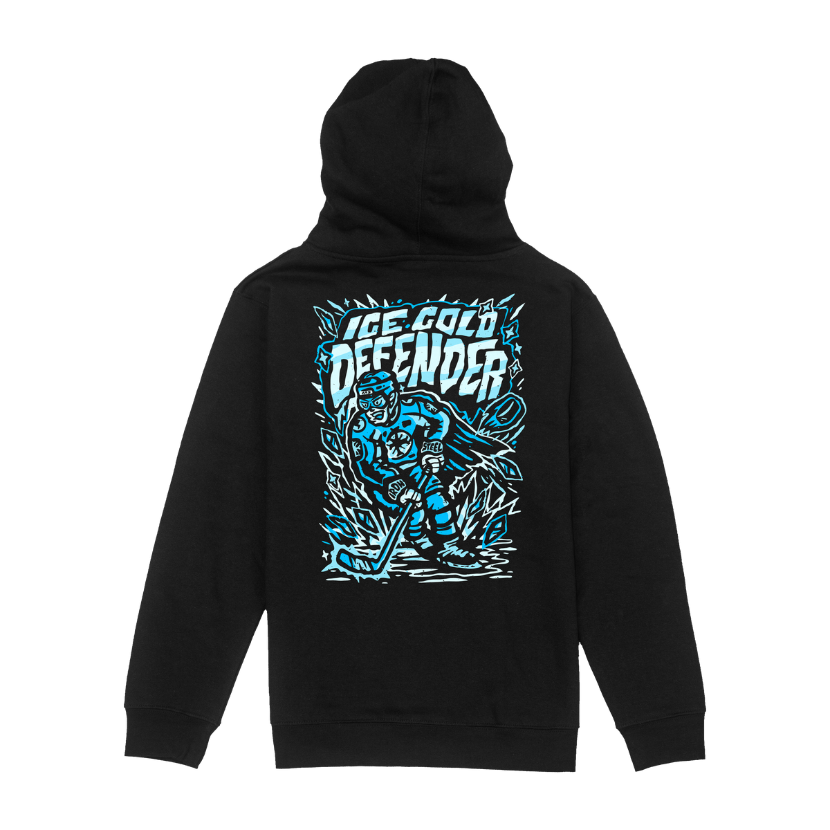 Ice Cold Defender Hockey Youth Hoodie in black, back view with the full defenseman graphic