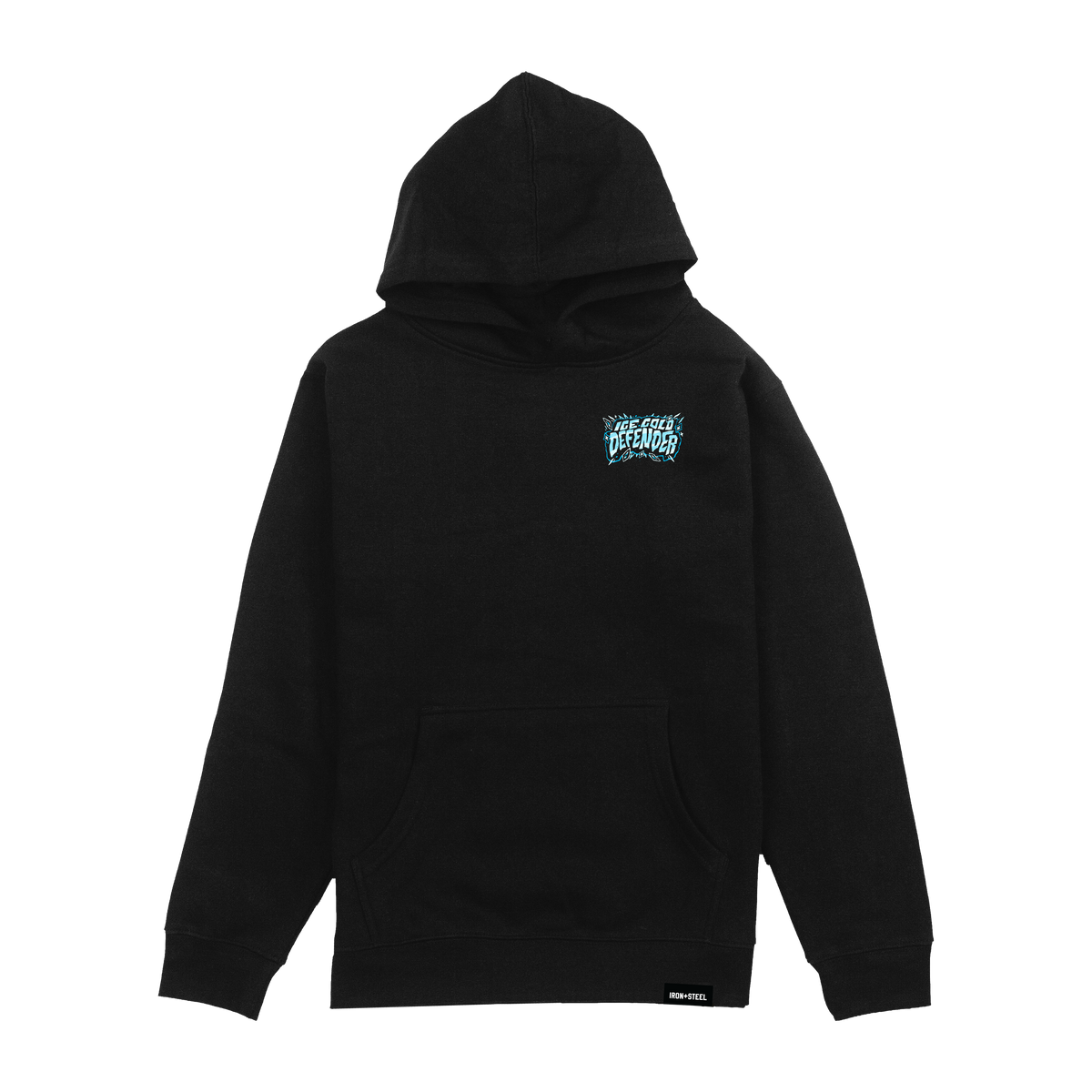 Ice Cold Defender Hockey Youth Hoodie in black, front view with the left chest badge