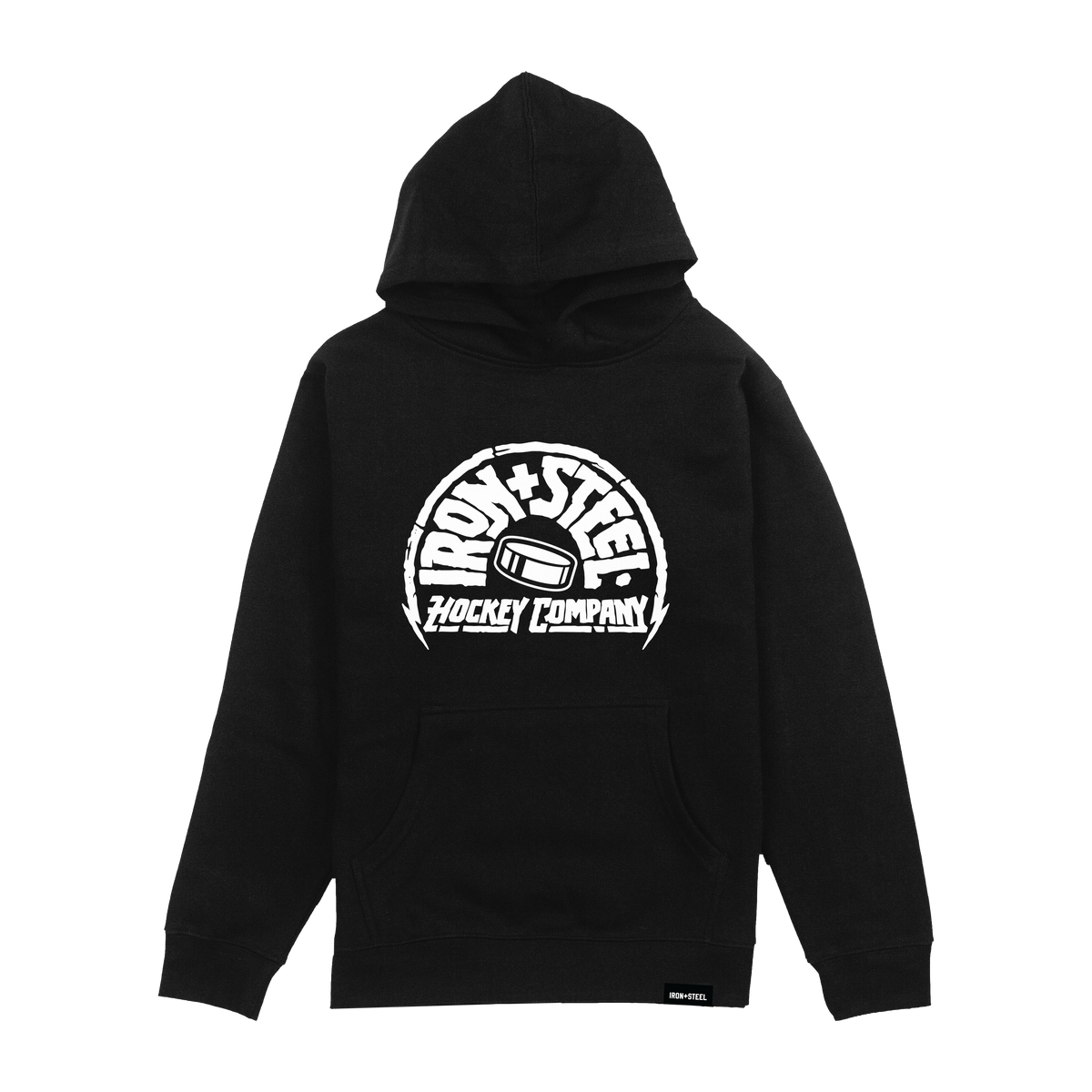 Iron+Steel Co Puck Youth Hoodie in black, front