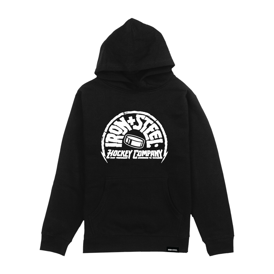 Iron+Steel Co Puck Youth Hoodie in black, front