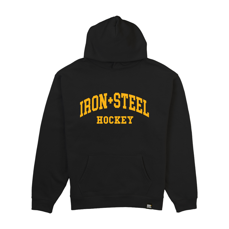 Iron+Steel Arc Gold Hockey Midweight Hoodie in black, front