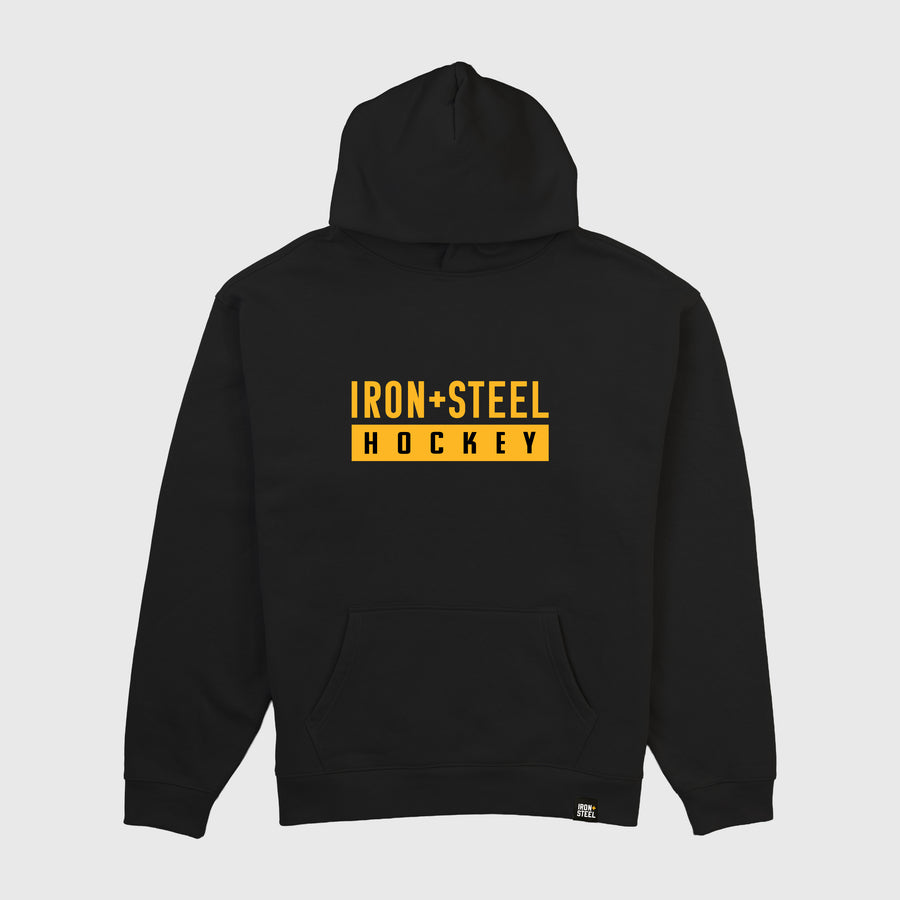 Iron+Steel Hockey Gold Midweight Hoodie in black, front