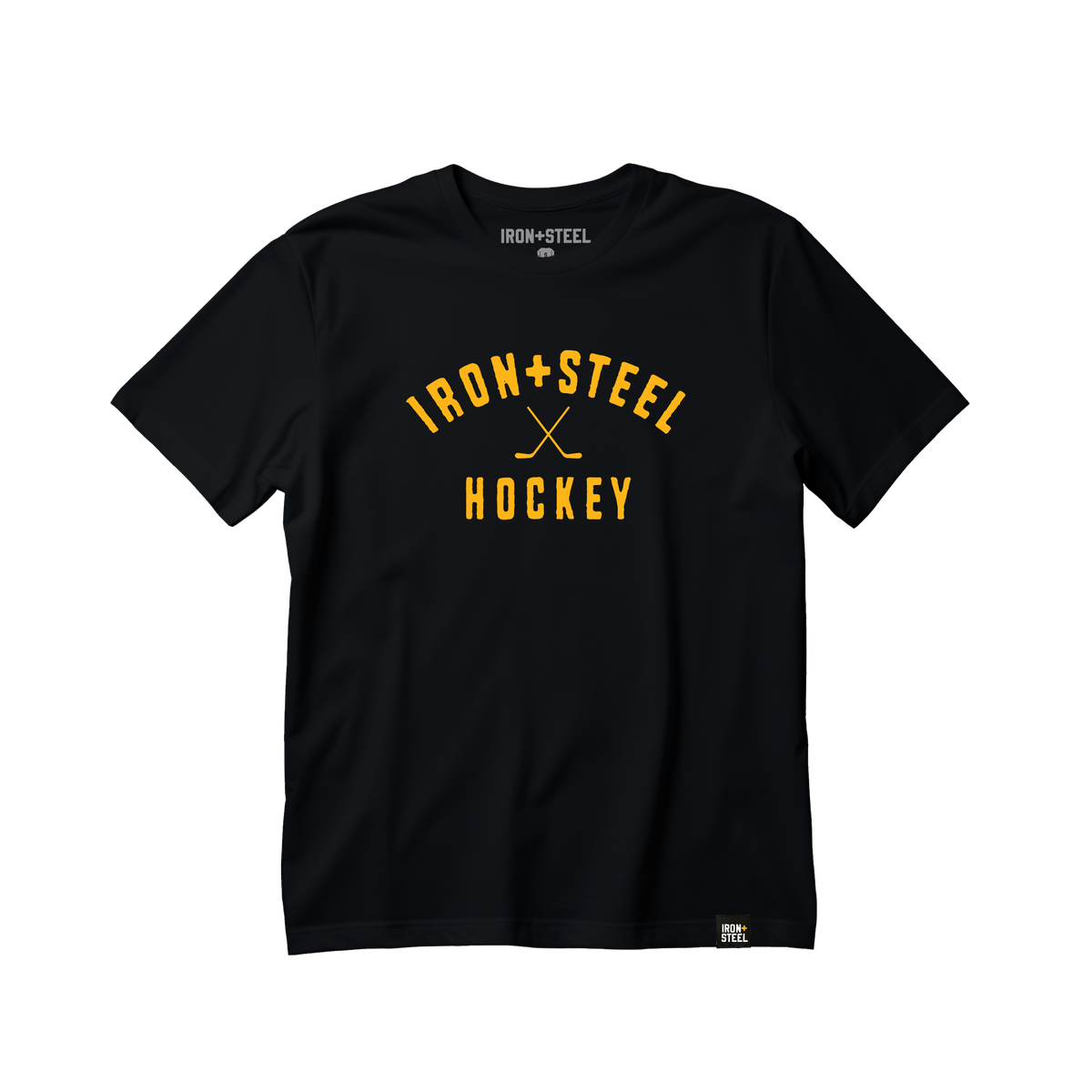 Iron + Steel Hockey Sticks Tee in black, front