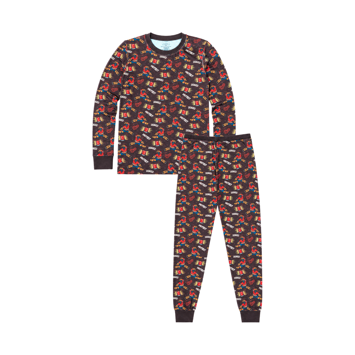 Goalie Lights Out Bamboo Pajama Set, brown goalie print, top and pants