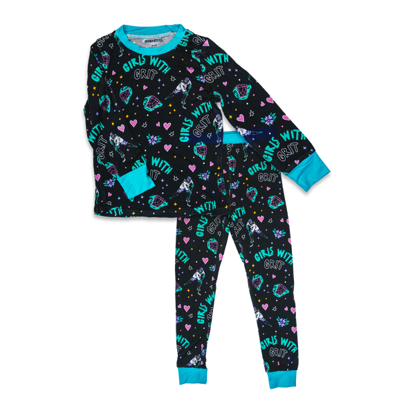 Hockey Girls with Grit Bamboo Pajama Set in blue, front