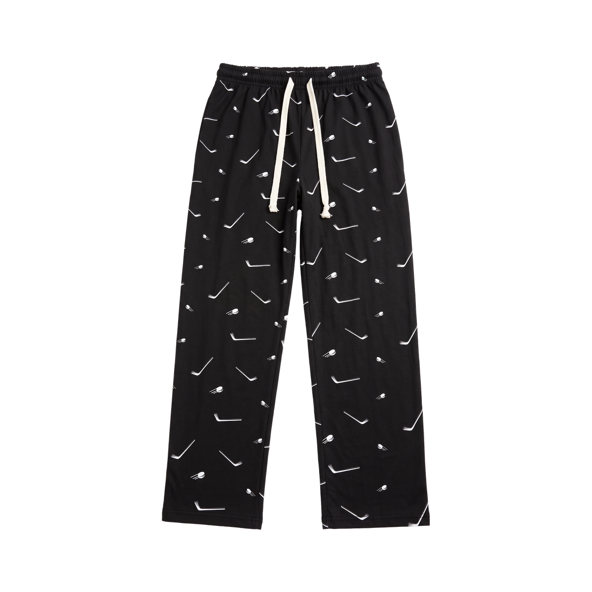 Sticks and Pucks Hockey Pajama Pants, black with white sticks and pucks, drawstring waist