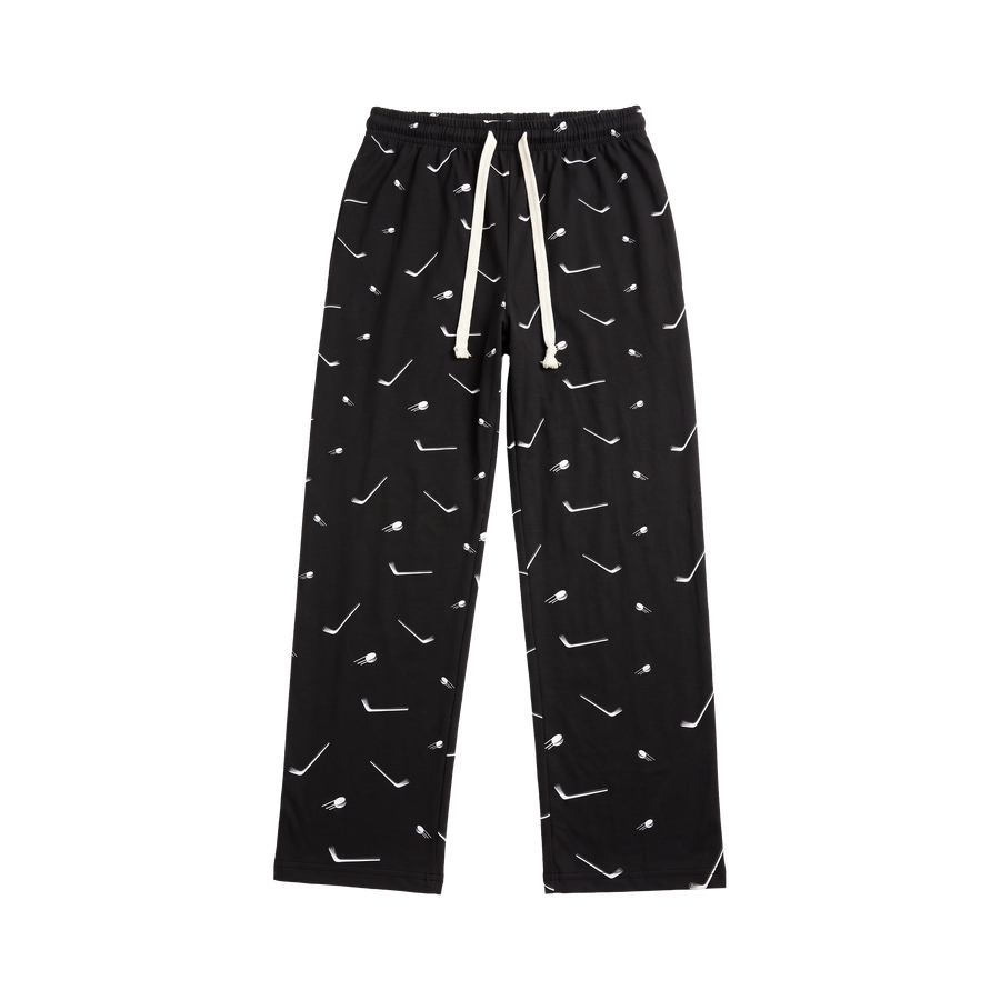 Sticks and Pucks Hockey Pajama Pants, black with white sticks and pucks, drawstring waist
