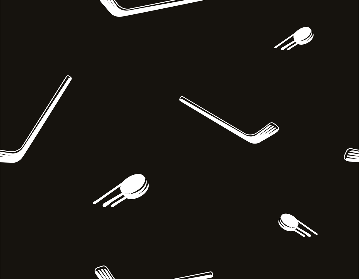 Sticks and Pucks pajama pants print close up, white sticks and pucks on black