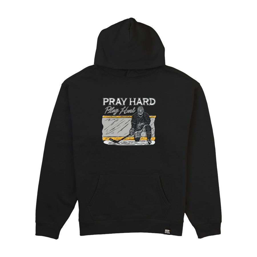 Pray Hard Play Hard Hockey Midweight Hoodie in black, front