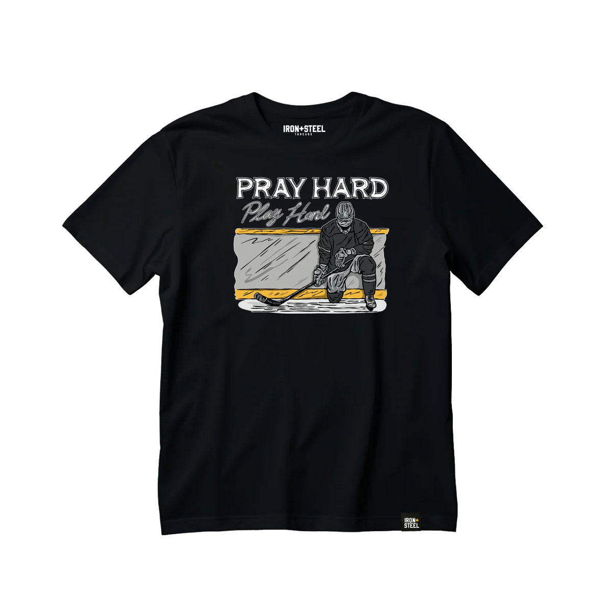 Pray Hard Play Hard Hockey Tee in black, front