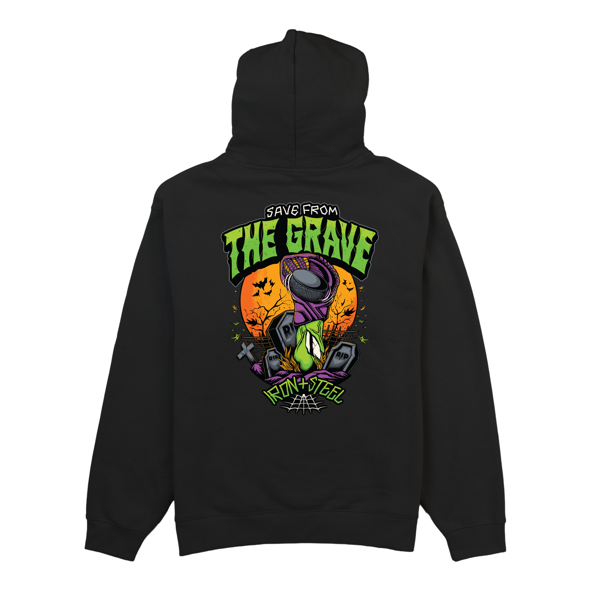 Save From The Grave Hockey Midweight Hoodie in black, back print