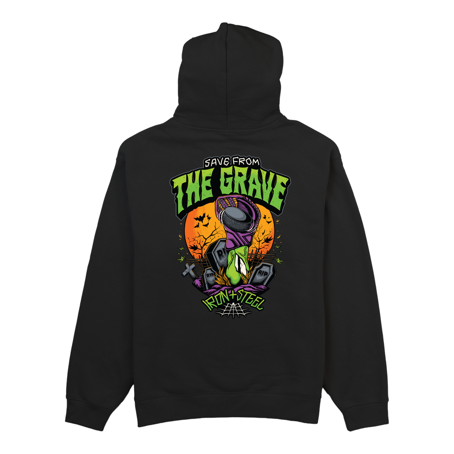 Save From The Grave Hockey Midweight Hoodie in black, back print