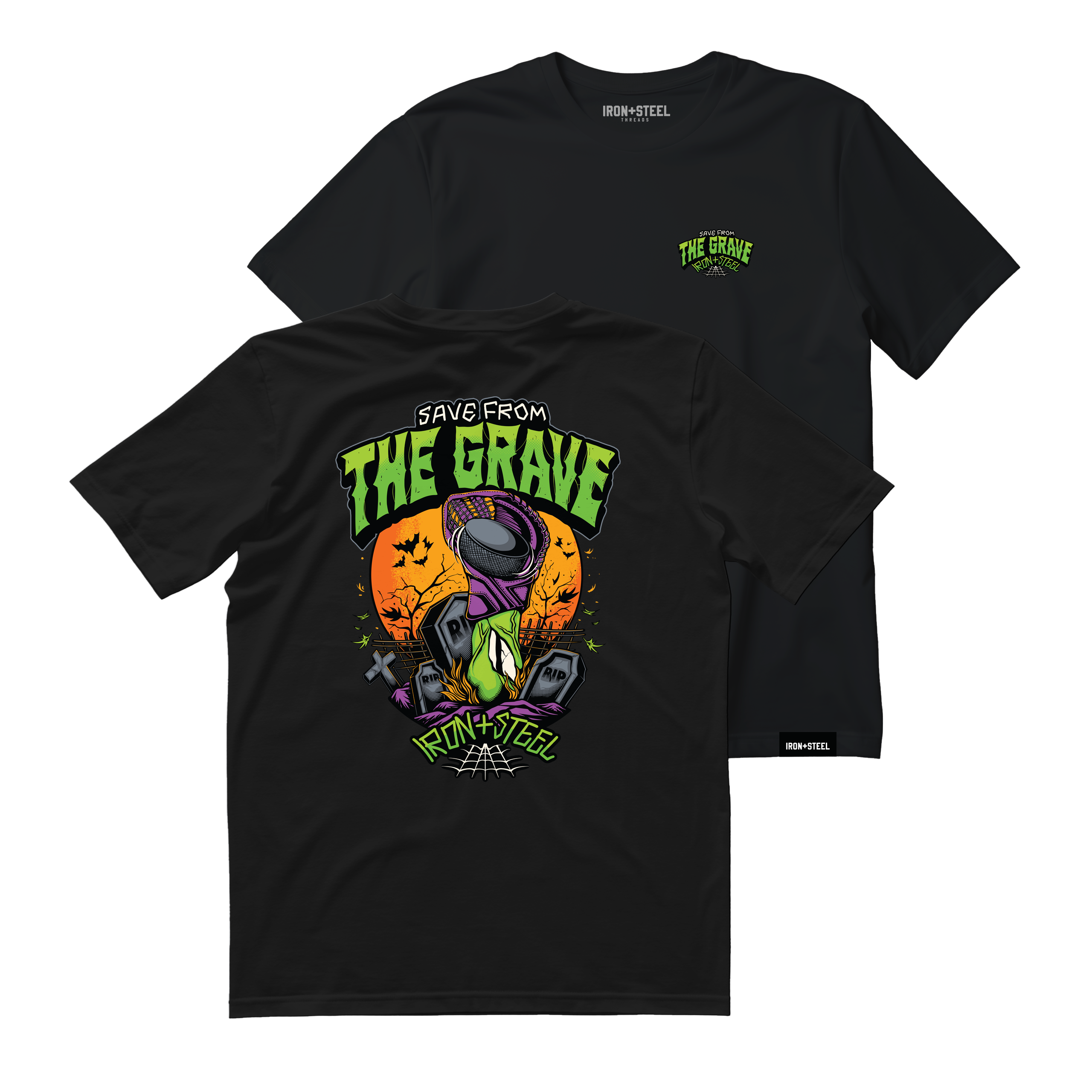 Save From The Grave Hockey Tee in black, front chest patch and full back print
