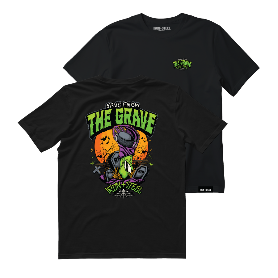 Save From The Grave Hockey Tee in black, front chest patch and full back print