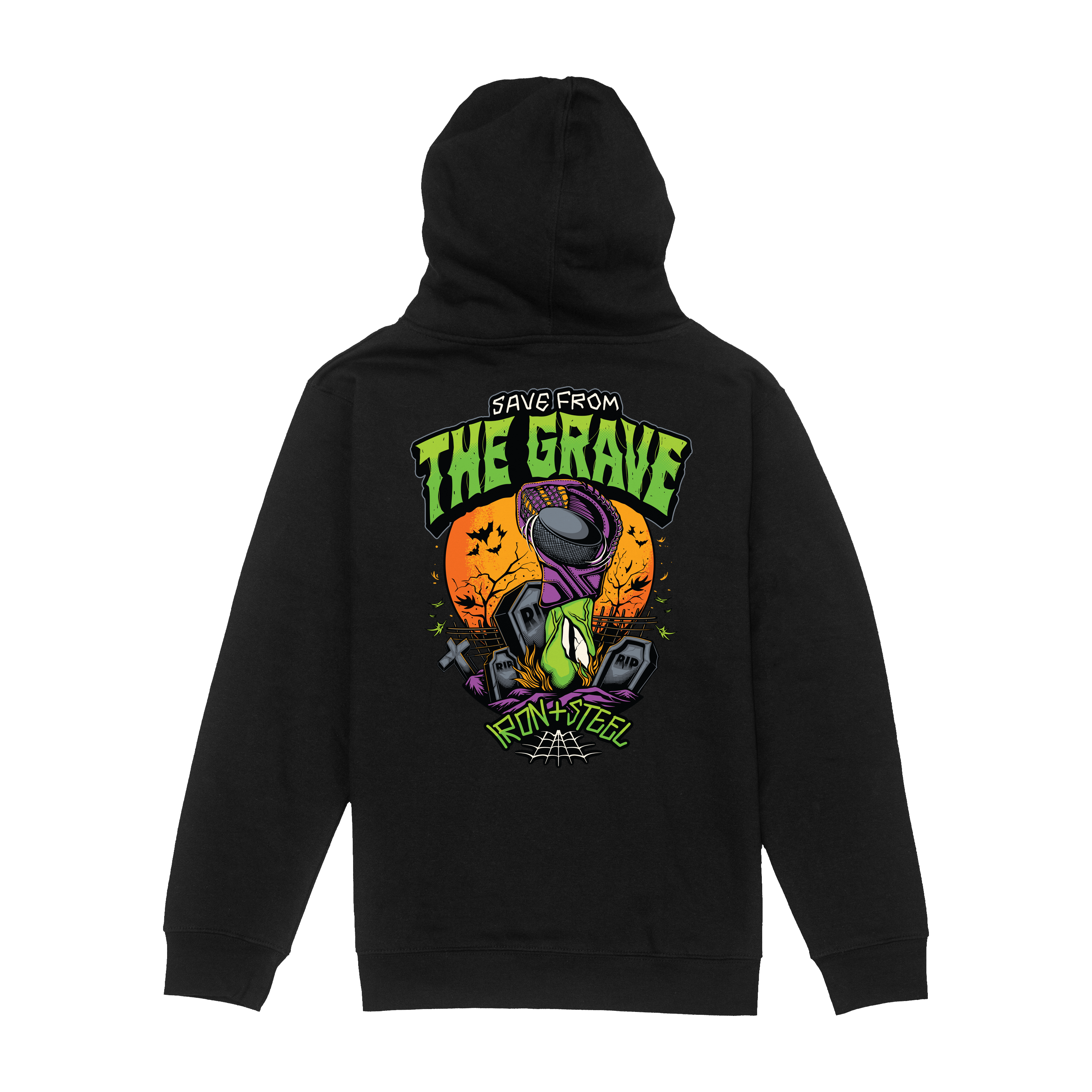 Save From The Grave Hockey Youth Hoodie in black, back print
